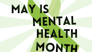 The words May is Mental Health Month are laid over a lime green ribbon. 